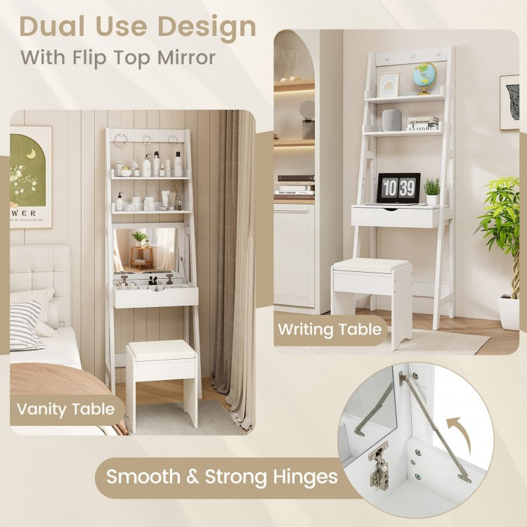 Vanity Desk Set with Flip Top Mirror, Hidden Storage Compartments and Cushioned Stool