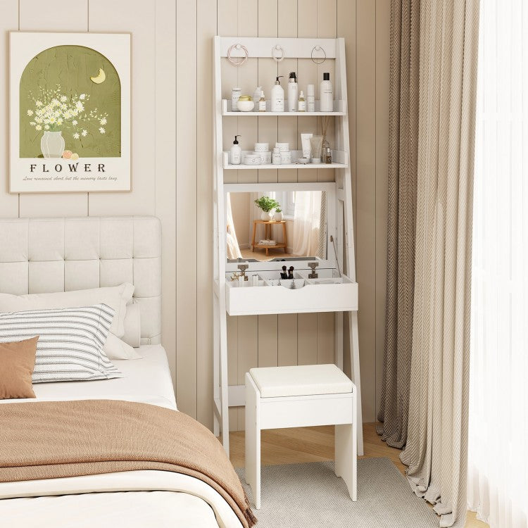 Vanity Desk Set with Flip Top Mirror, Hidden Storage Compartments and Cushioned Stool