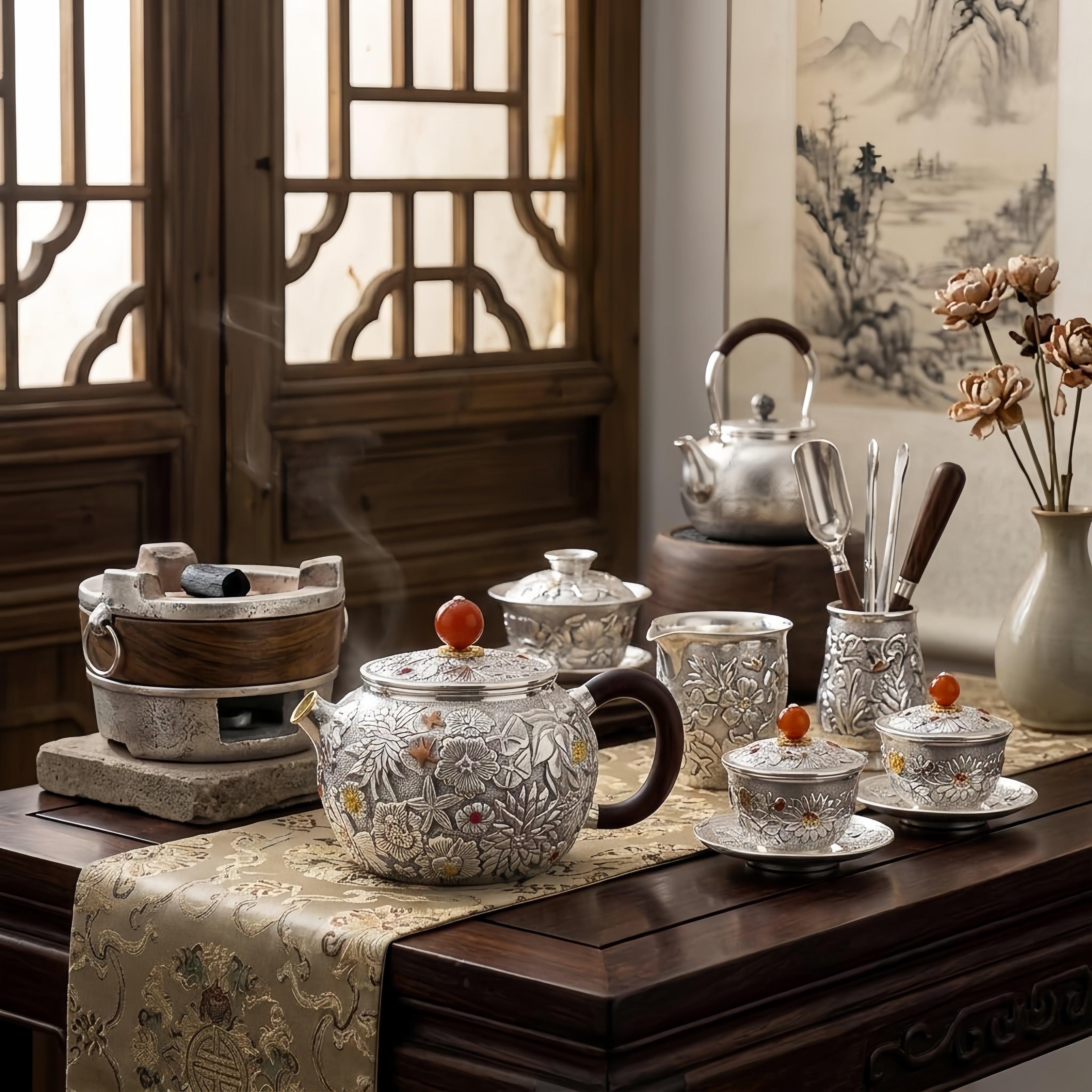 925 Sterling Silver Exquisite Floral Relief Silver Teapot Featuring Wood Handle and Vibrant Red Accent - Handicraft