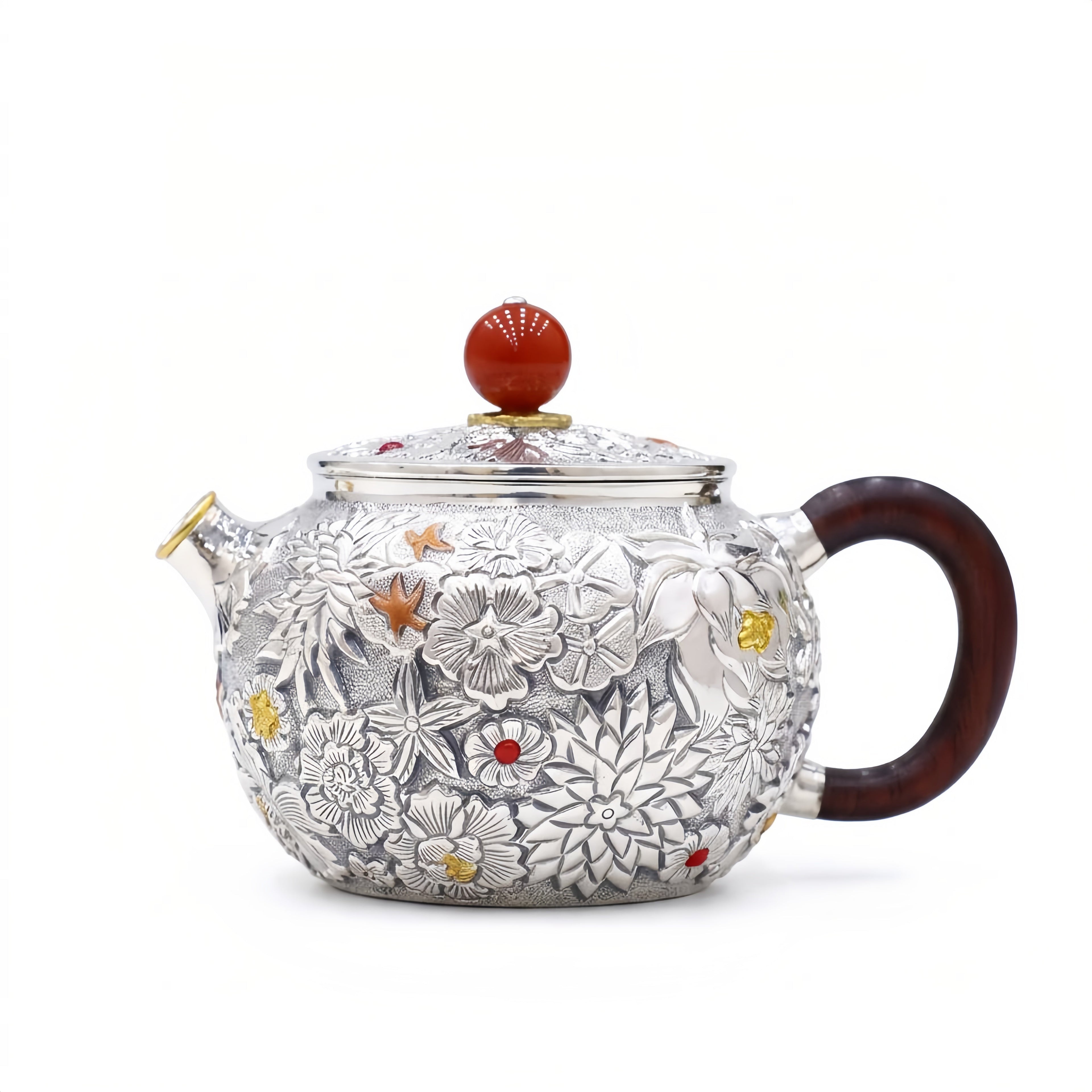 925 Sterling Silver Exquisite Floral Relief Silver Teapot Featuring Wood Handle and Vibrant Red Accent - Handicraft