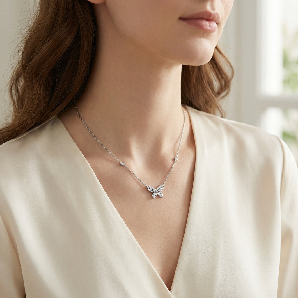 925 Sterling Silver Elegant Marquise CZ Butterfly Necklace with Bezel-Set Station Accents