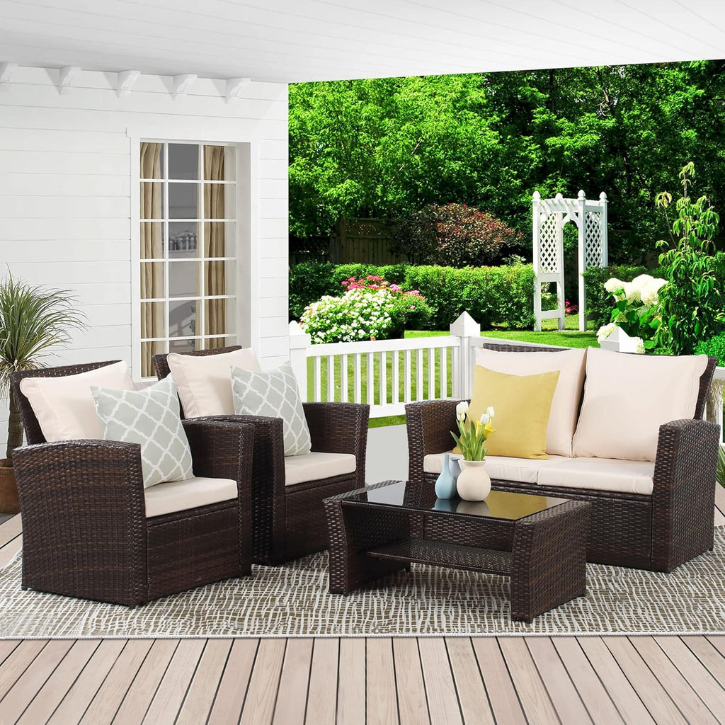 Wisteria Lane 4 Piece Outdoor Patio Furniture Sets, Wicker Conversation Set for Porch Deck, Grey Rattan Sofa Chair with Cushion ��Blue