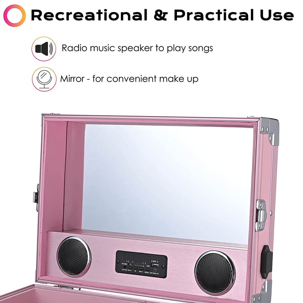 Byootique Portable Nail Desk & Makeup Station with Mirror, 4 Drawers, Bluetooth, USB, Pink