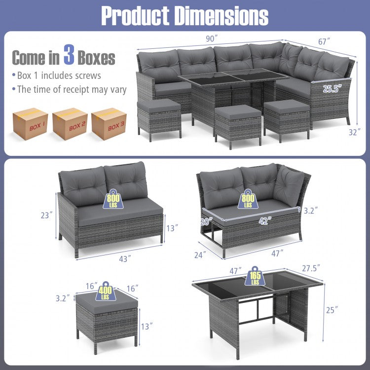 7 Pieces Patio Dining Furniture Set with Soft Cushions and Ottomans