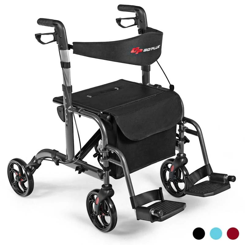2 in 1 Rollator Walker Wheelchair Folding Medical Walker, Aluminum Transport Chair Mobility Walking Aid