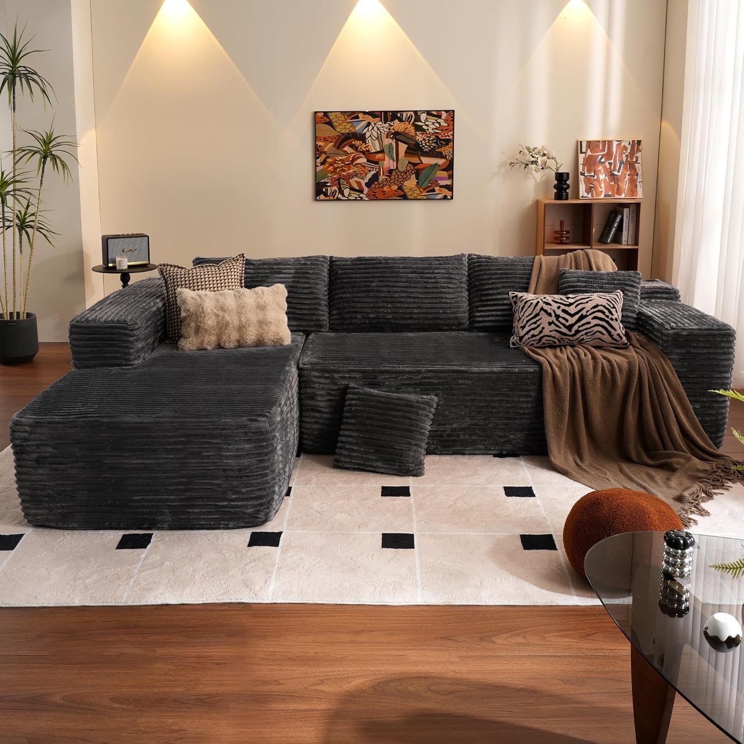 ovios 104" Cloud Sectional Couch with L-Shape Chaise,Modern Modular Sofa with Deep Seat, Upholstered Couches for Living Room Bedroom,No Assembly Required, Black (Corduroy Fabric)