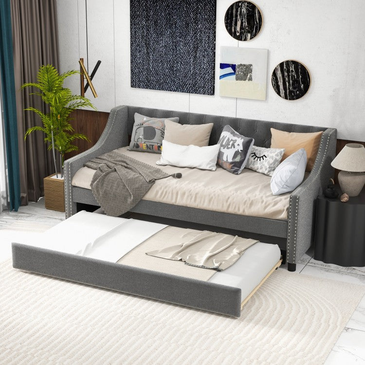 Twin Size Daybed with Trundle Sofa Bed with Curved Armrests and Backrest