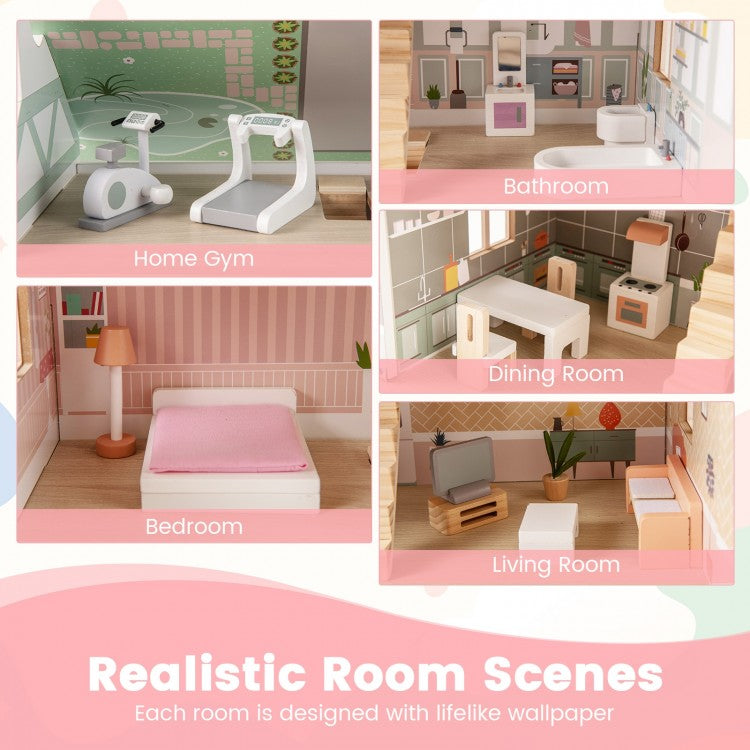 Kids Wooden Dollhouse 3 Level with Double-Sided Roofs and Doors