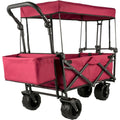 Red Collapsible Wagon Cart with Canopy, 360掳 Wheels, Adjustable Handles, 220 lbs Capacity for Beach & Garden