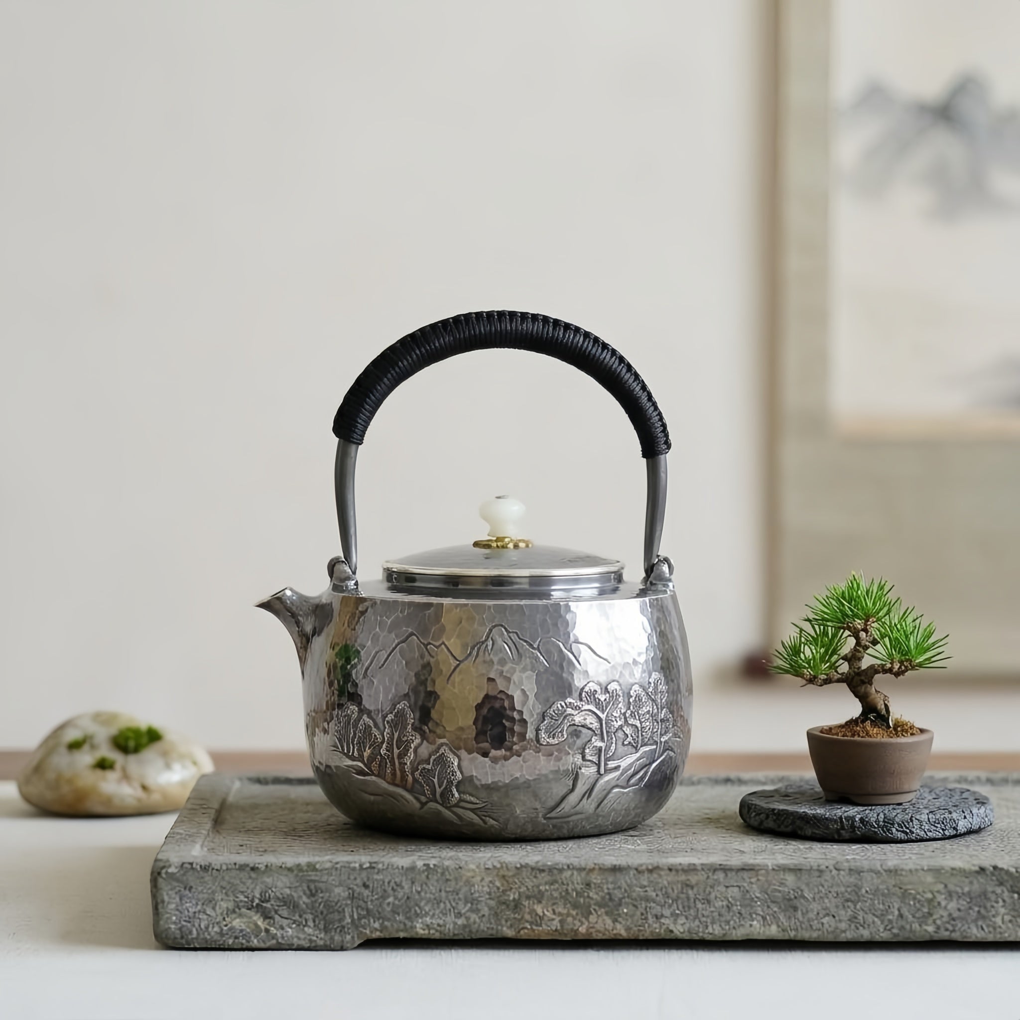 925 Sterling Silver Elegant Handcrafted  Teapot with Mountain Landscape Artistry and Hammered Finish-Fine large teapot - Handicraft