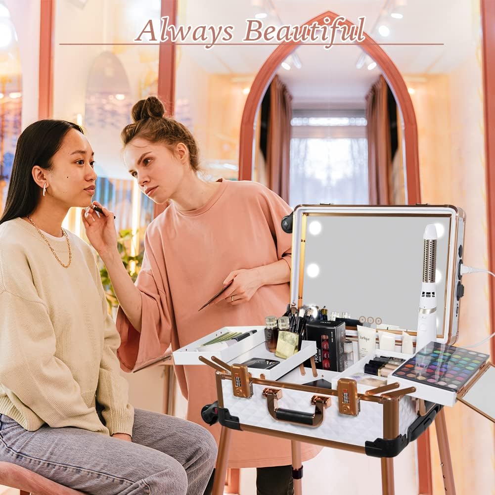 Medium Makeup Train Case with Code Lock, Lighted Mirror, Speaker Travel Cosmetic Organizer Box, Professional Artist Trolley Studio Free Standing Case
