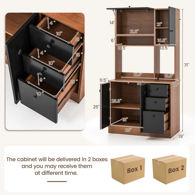71" Kitchen Buffet Hutch Storage Cabinet Microwave Cupboard, Freestanding Pantry with 3 Cabinets & Drawers, Adjustable Shelves