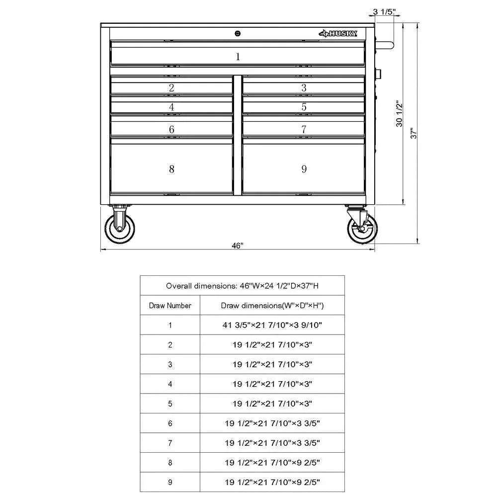 Gloss Black 46′′ 9-Drawer Mobile Tool Chest Workbench with Wood Top & Power Strip