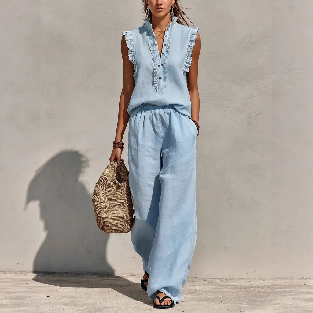 Sleeveless Ruffled V-neck Top And Elastic-waist Wide-leg Pants