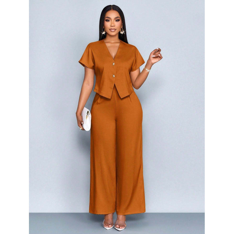 Short-sleeve V-neck Irregular Cardigan And Straight-leg Wide-leg Pants Set