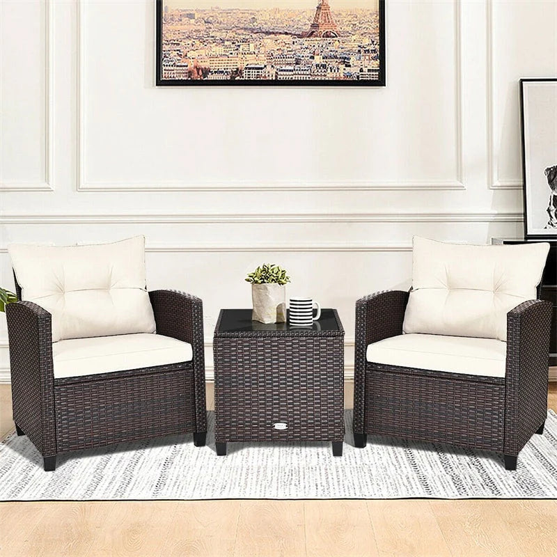3 Pcs Rattan Patio Conversation Set Outdoor Wicker Sofa Set with Washable Cushions & Coffee Table
