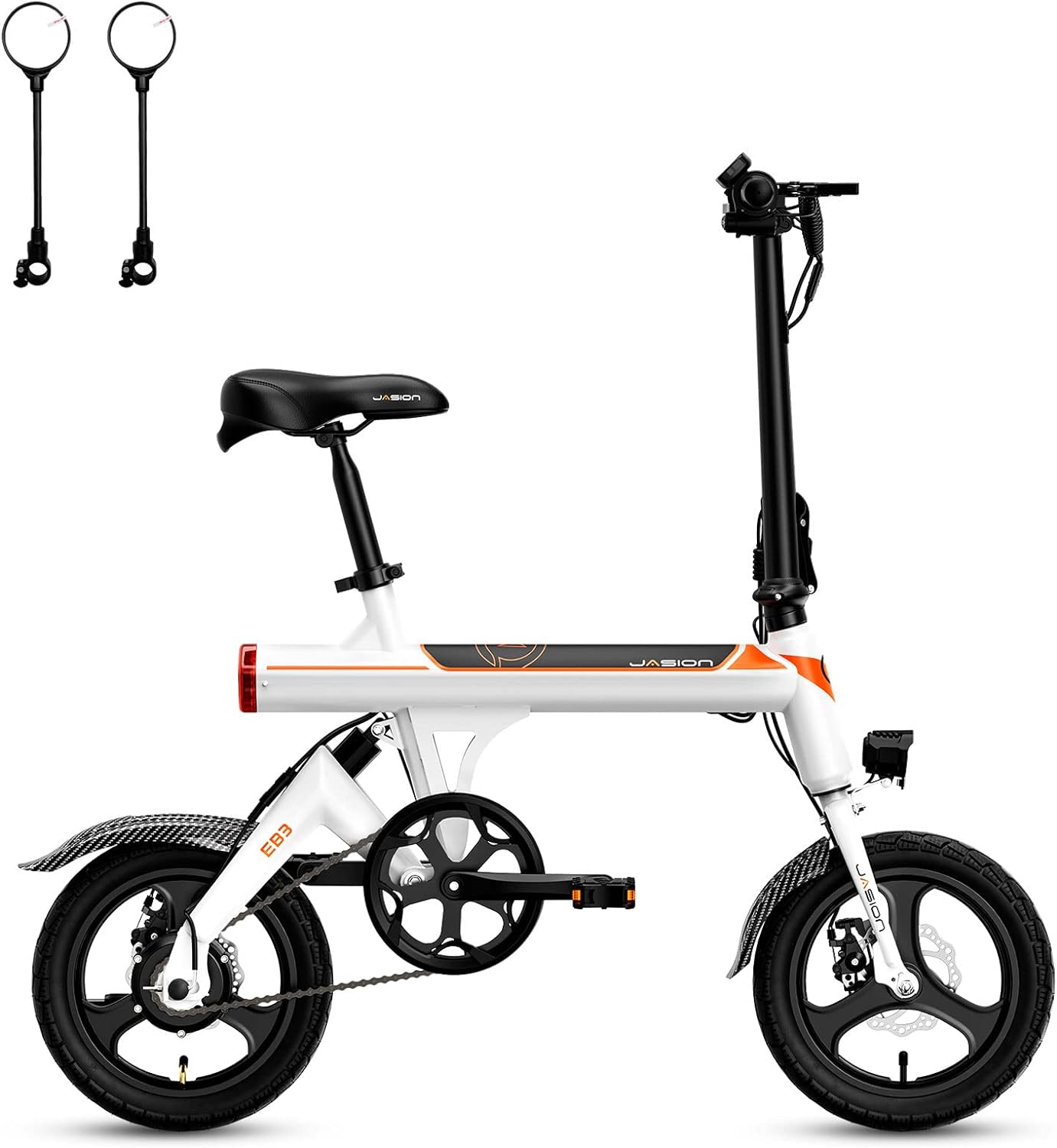 Jasion EB3 Electric Bike Adults 21mph, 500W Peak Motor, 270Wh Battery, Rear Suspension, 3 Levels Assist, 14" Folding Ebike for Adults and Teens, Complies to UL2849