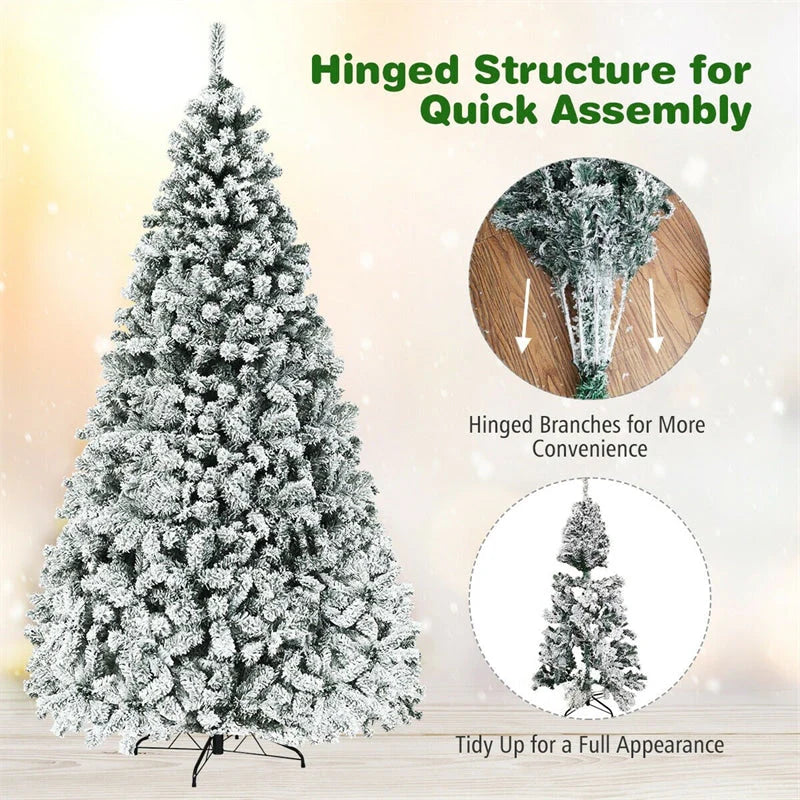 Premium Pre-Lit Snow Flocked Artificial Christmas Tree with Hinged Branch Tips & LED Lights
