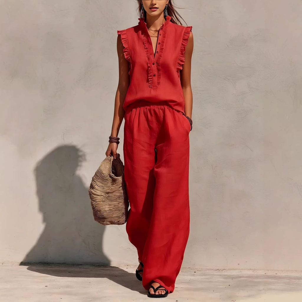 Sleeveless Ruffled V-neck Top And Elastic-waist Wide-leg Pants