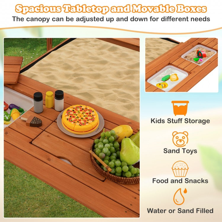 Kids Wooden Sand Box with Foldable Picnic Sensory Table and Bench