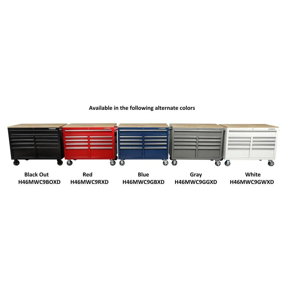 46-in W x 24.5-in D 9-Drawer Mobile Workbench with Hardwood Top and Power Station – Gloss Black