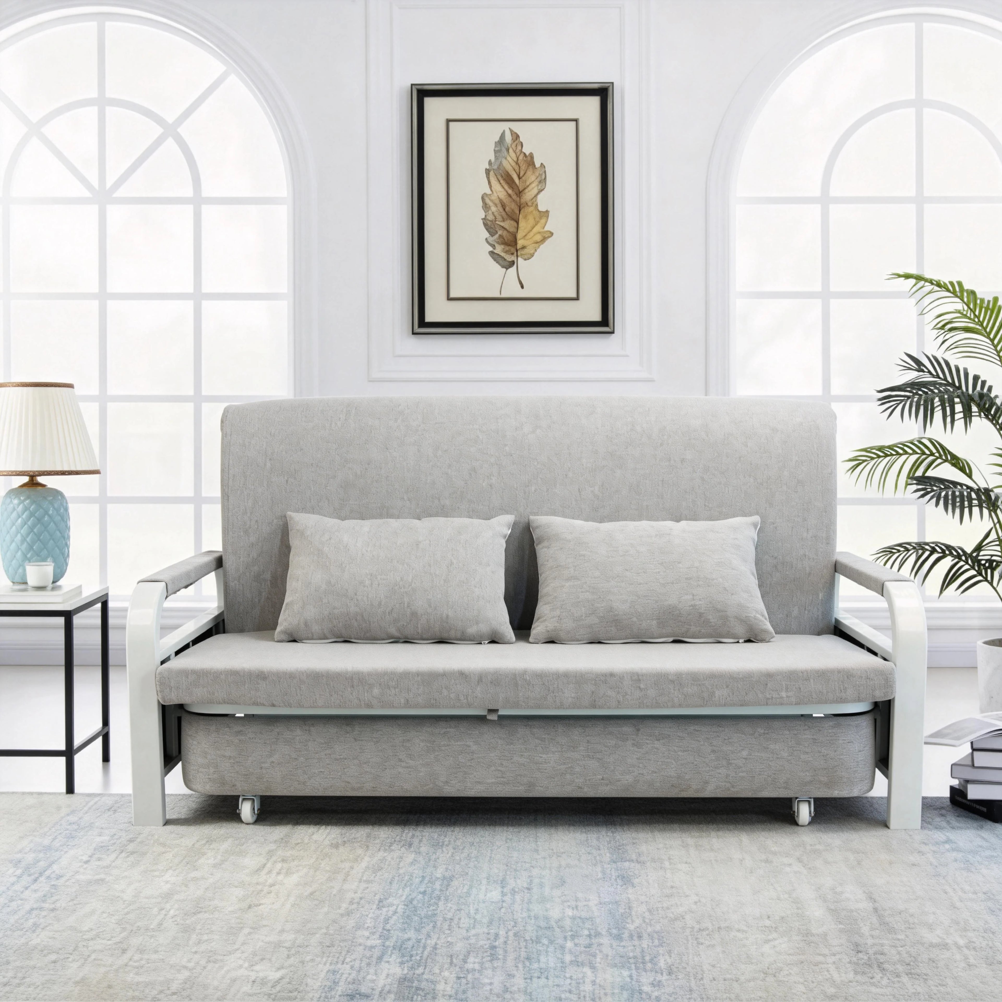 Convertible Sofa Bed with Pillows, Side Pockects and Storage Compartment, Carbon Steel and Linen Cotton