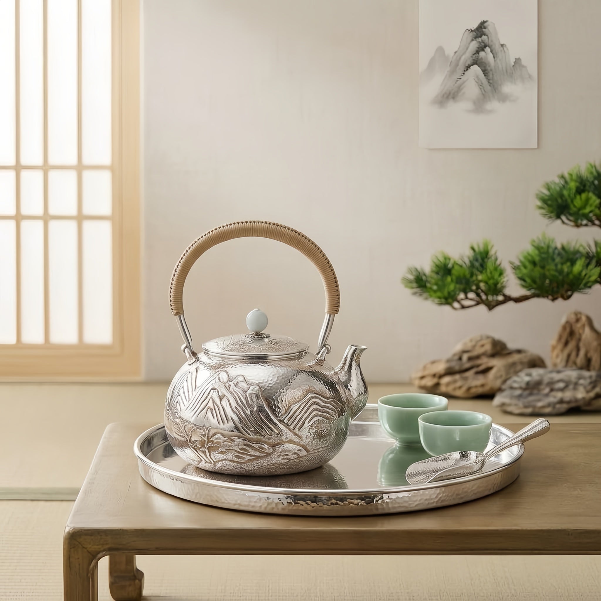 925 Sterling Silver Hand-Hammered Silver Teapot with Embossed Mountain Landscape and Woven Handle - Handicraft