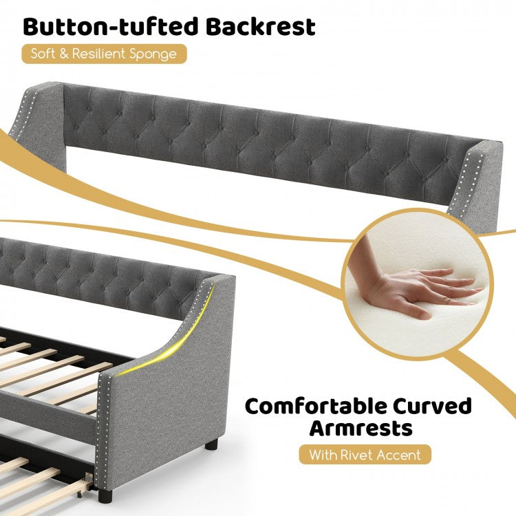 Twin Size Daybed with Trundle Sofa Bed with Curved Armrests and Backrest
