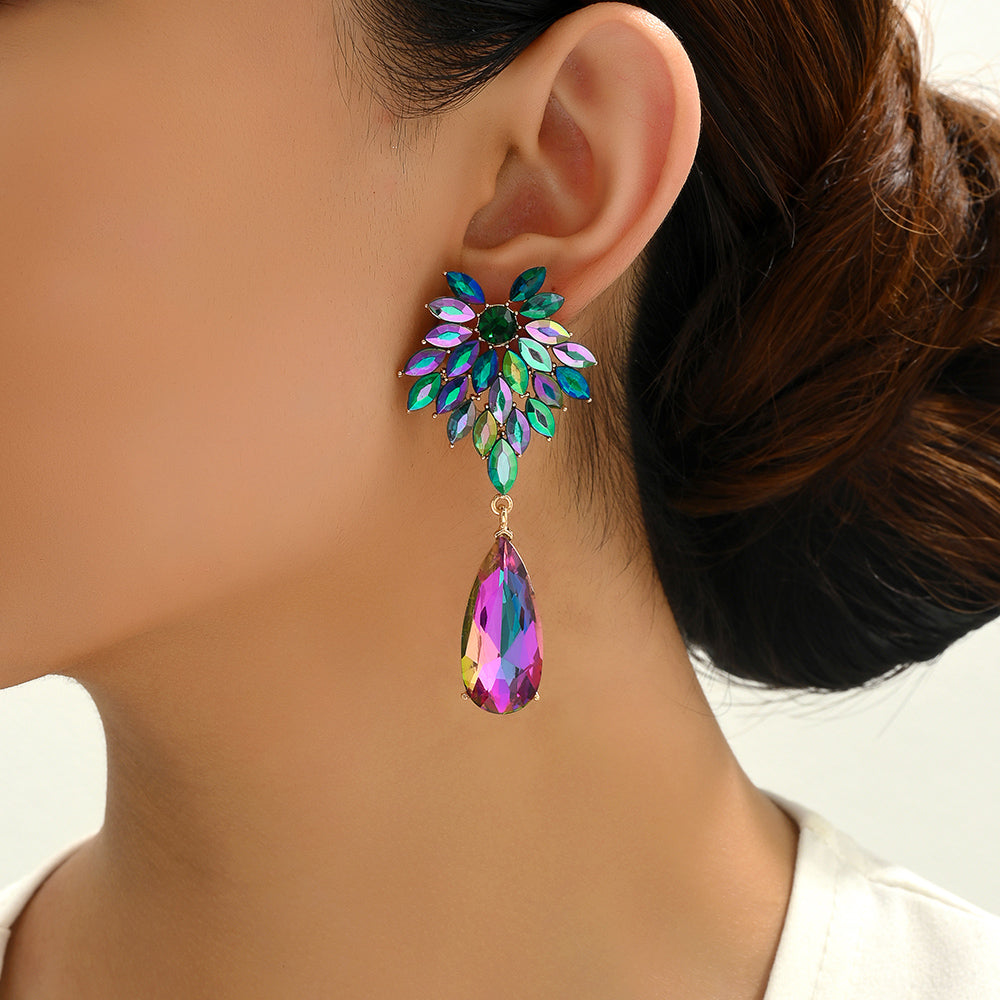 Floral Crystal Teardrop Dangle Earrings Statement Rhinestone Drop Jewelry For Women Party Wedding Bridal Prom