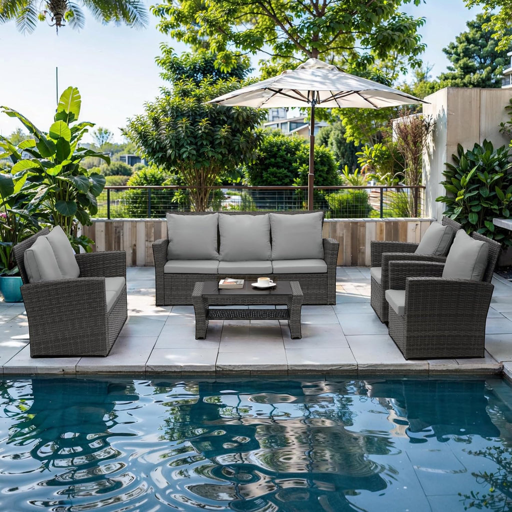 Wisteria Lane 4 Piece Outdoor Patio Furniture Sets, Wicker Conversation Set for Porch Deck, Grey Rattan Sofa Chair with Cushion ��Blue