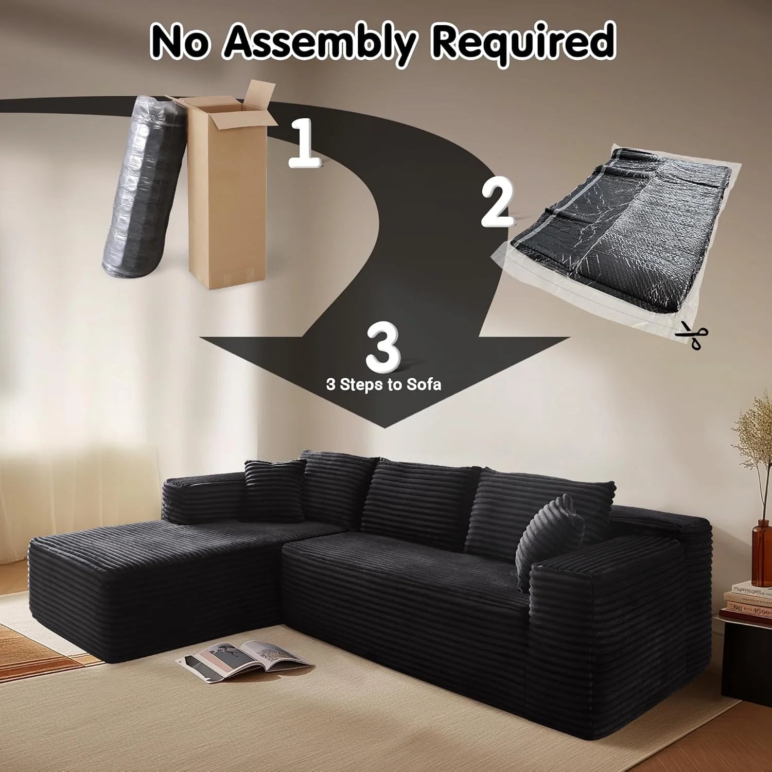 ovios 104" Cloud Sectional Couch with L-Shape Chaise,Modern Modular Sofa with Deep Seat, Upholstered Couches for Living Room Bedroom,No Assembly Required, Black (Corduroy Fabric)