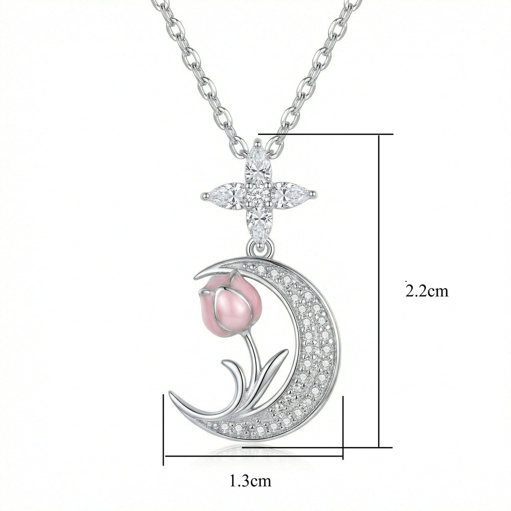 925 Sterling Silver Elegant Silver Crescent Moon Necklace Featuring a Delicate Pink Tulip Pendant