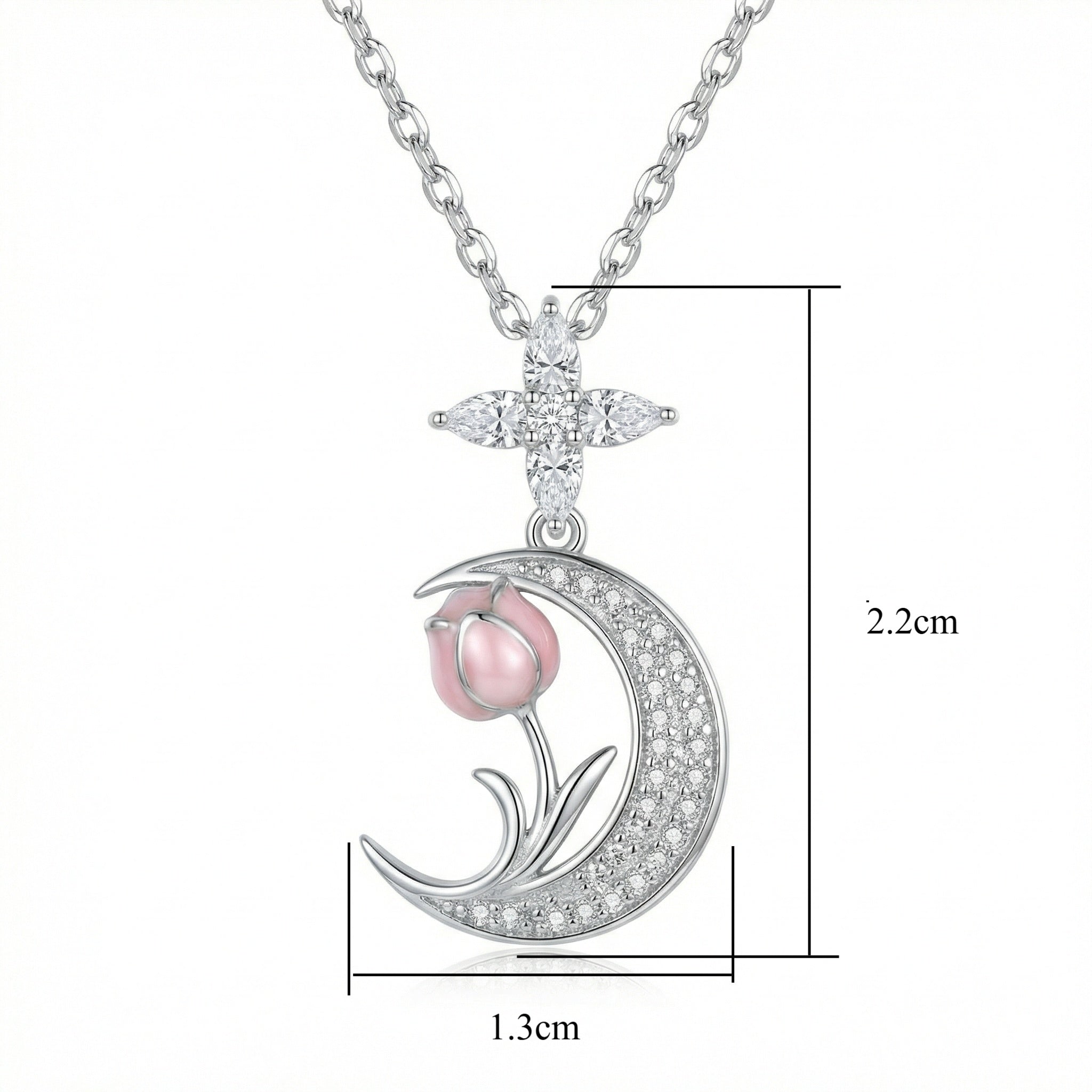 925 Sterling Silver Elegant Silver Crescent Moon Necklace Featuring a Delicate Pink Tulip Pendant