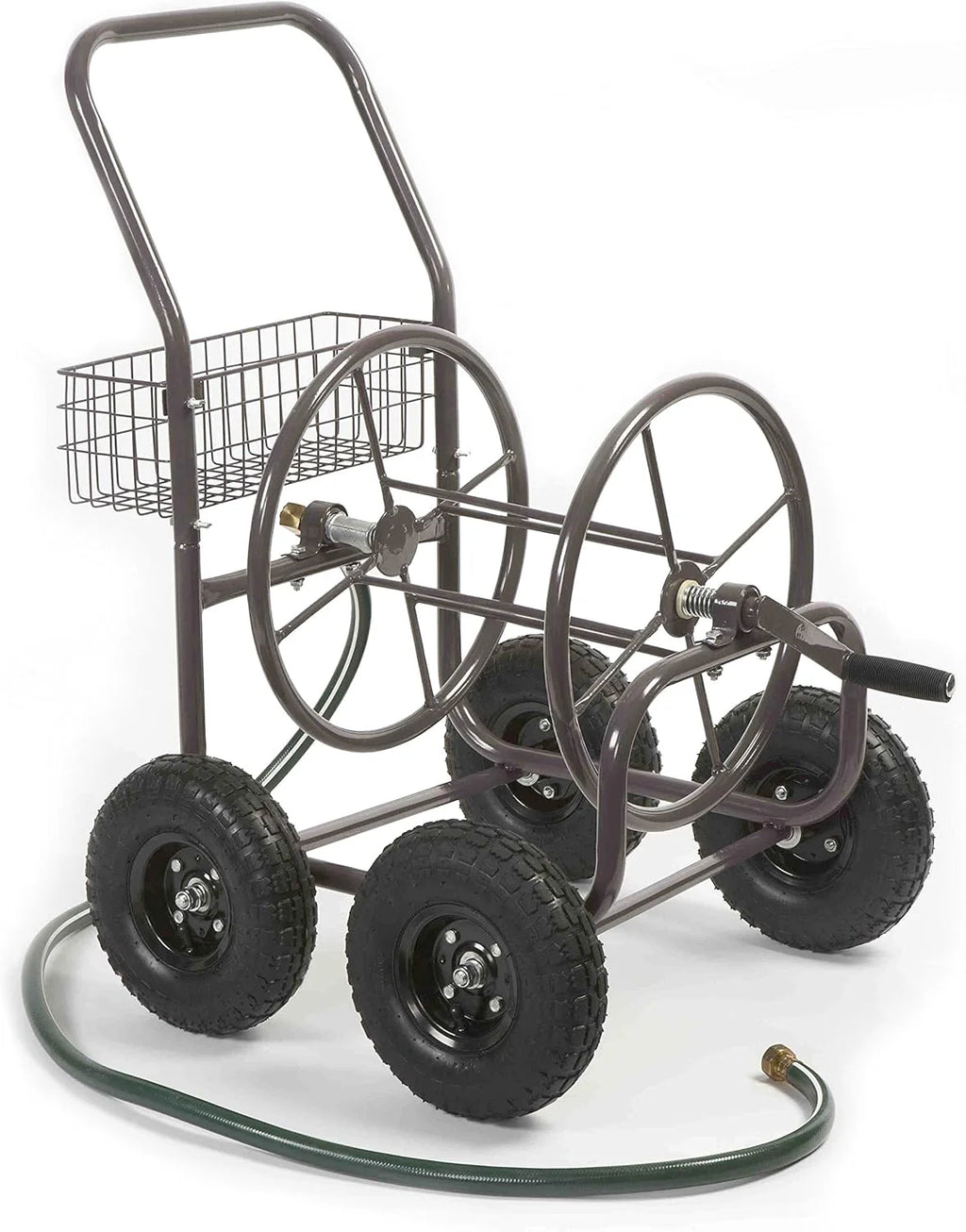 Residential Grade Four Wheel 250 Foot Capacity Steel Frame Water Hose Reel Cart with Basket for Backyard, Garden, or Home, Brown, Bronze