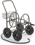 Residential Grade Four Wheel 250 Foot Capacity Steel Frame Water Hose Reel Cart with Basket for Backyard, Garden, or Home, Brown, Bronze