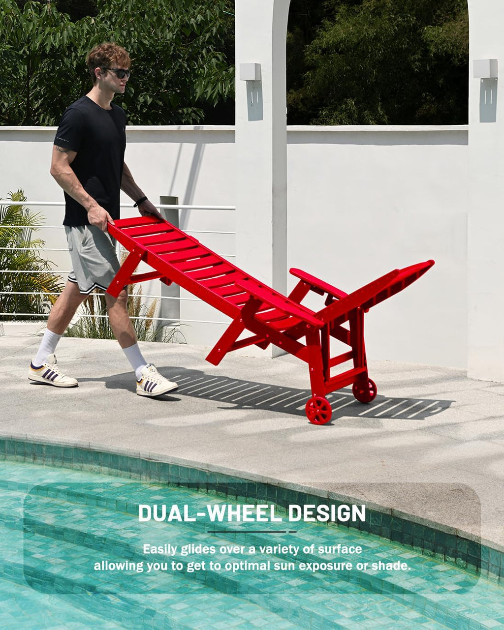 Lounge Chair Outdoor, Chaise Lounge, HDPE 6-Position Outdoor Chaise Lounge, Patio Lounge Chair with Wheels & Cup Holder for Pool Poolside Deck Backyard, Teak