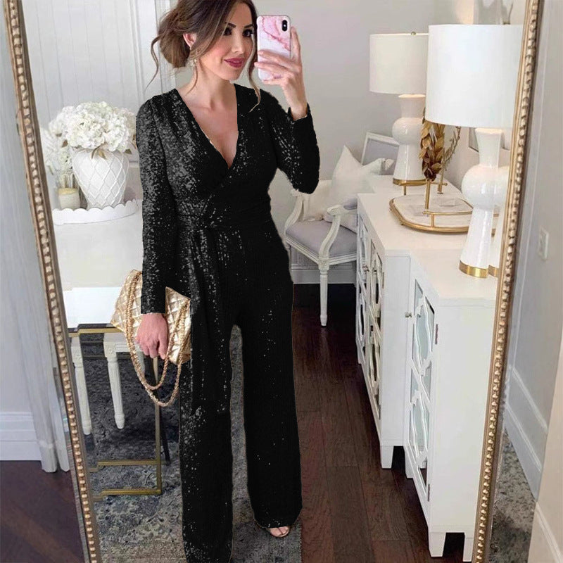 Fashionable V-neck Long-Sleeve Sparkly Beaded Waist-Cinched Jumpsuit