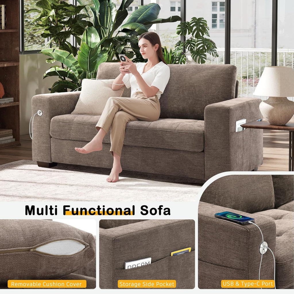 Hanherry 89" Sofa for Living Room, Modern Comfy Sofa with Medium Firm Seat Cushion, Removable Cover,Wide Armrest,USB/Type-C Port,Chenille Fabric Couches for Small Space,Apartment