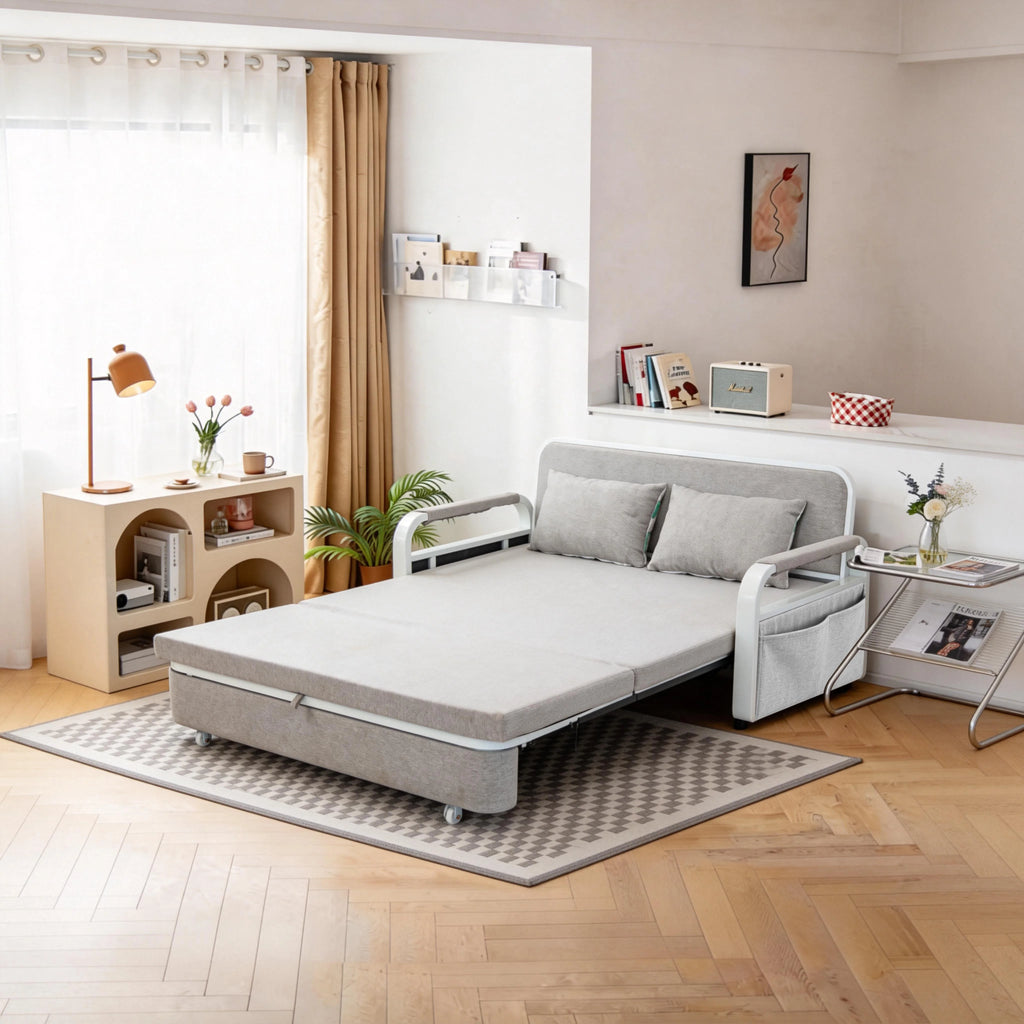 Convertible Sofa Bed with Pillows, Side Pockects and Storage Compartment, Carbon Steel and Linen Cotton