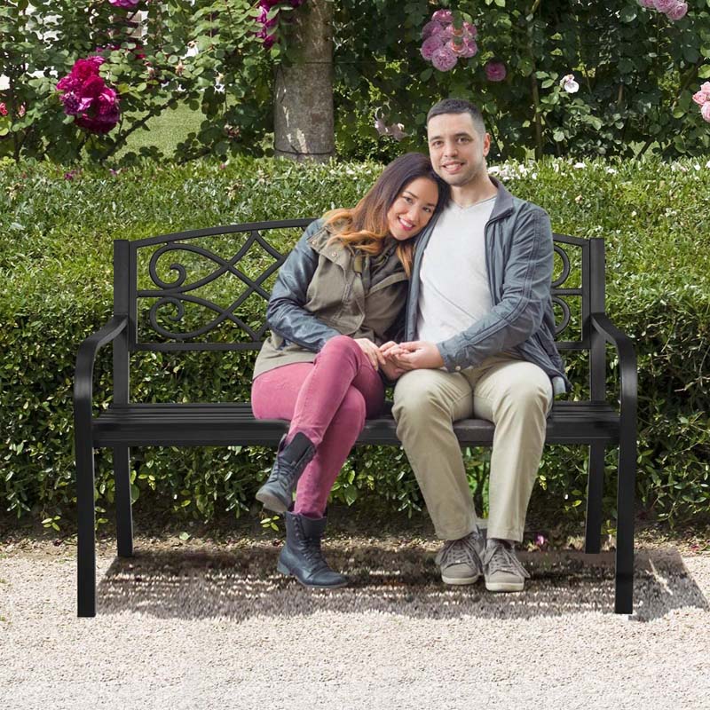 50" Weatherproof Outdoor Patio Bench with Pattern Backrest, Heavy-Duty Metal Park Bench for Garden Backyard Porch