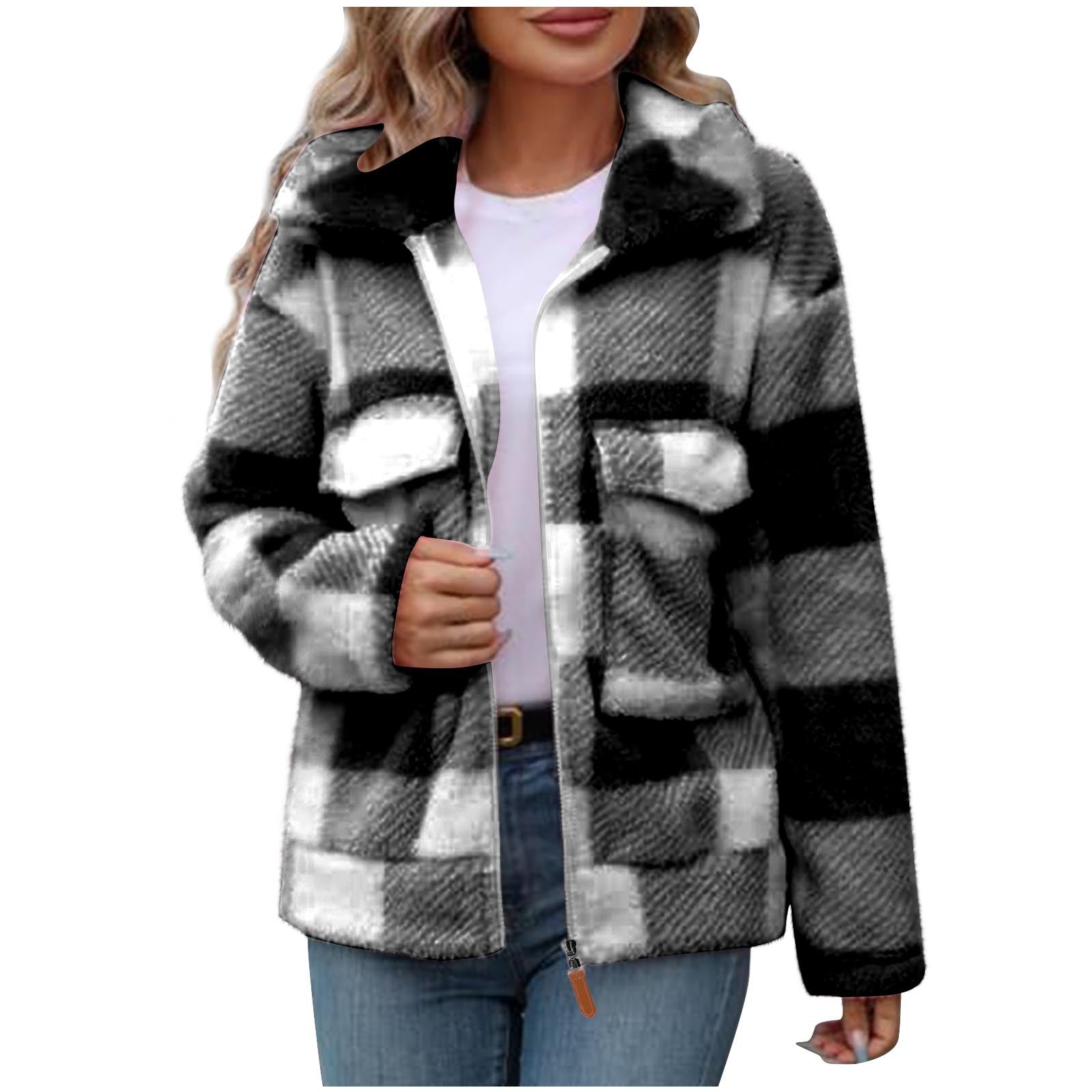Double-Sided Polar Fleece Plaid Zip-Up Fluffy Coat
