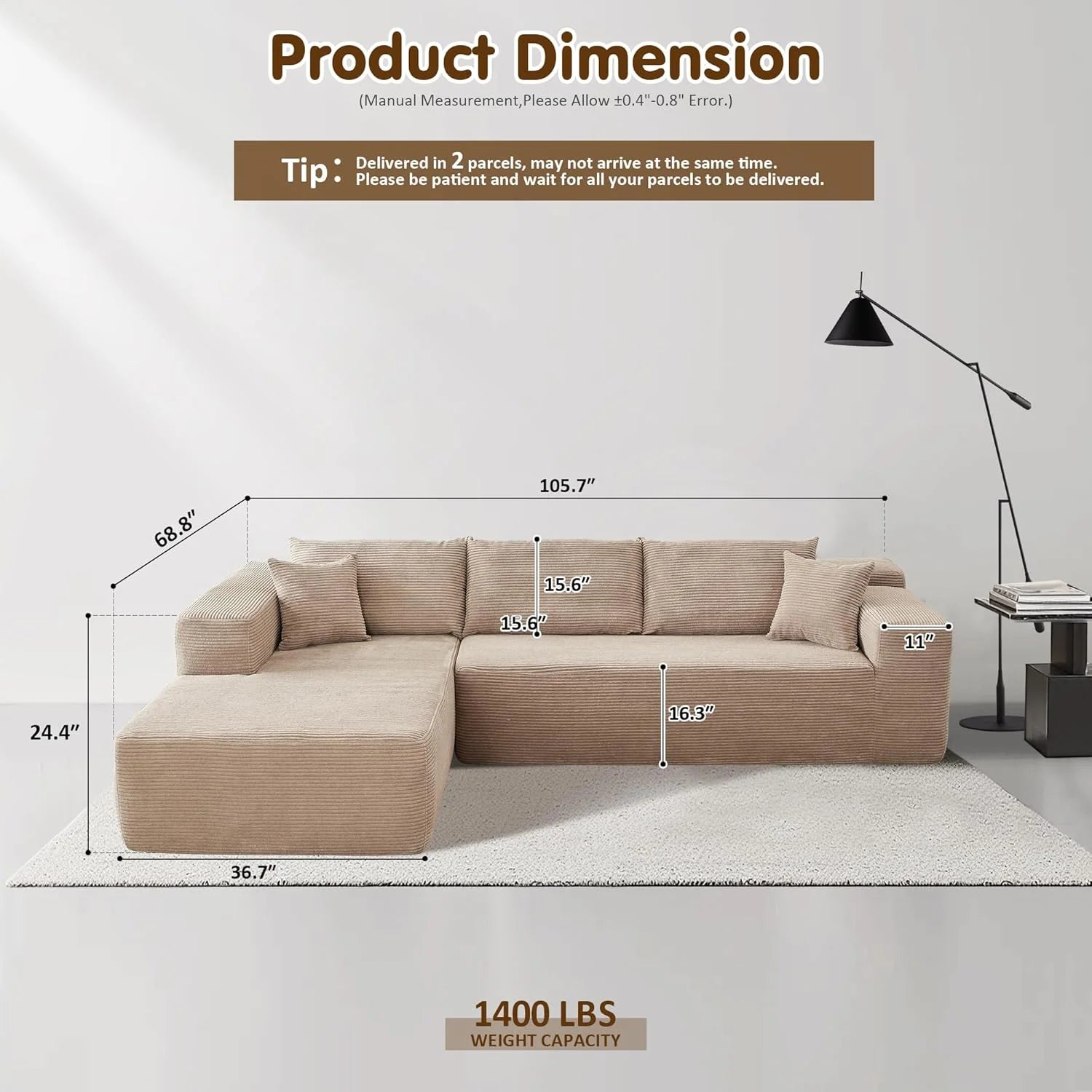 ovios 104" Cloud Sectional Couch with L-Shape Chaise,Modern Modular Sofa with Deep Seat, Upholstered Couches for Living Room Bedroom,No Assembly Required, Black (Corduroy Fabric)