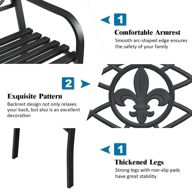 50" Weatherproof Outdoor Patio Bench with Pattern Backrest, Heavy-Duty Metal Park Bench for Garden Backyard Porch