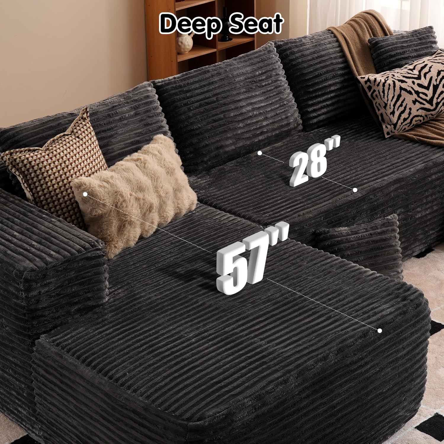 ovios 104" Cloud Sectional Couch with L-Shape Chaise,Modern Modular Sofa with Deep Seat, Upholstered Couches for Living Room Bedroom,No Assembly Required, Black (Corduroy Fabric)