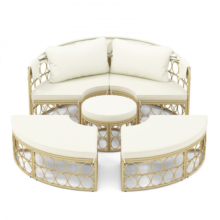 Outdoor Patio Round Daybed with Retractable Canopy and Soft Cushions