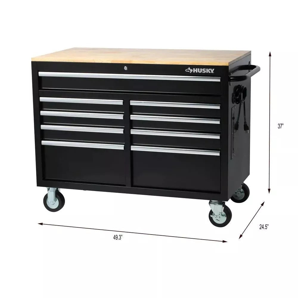 Gloss Black 46′′ 9-Drawer Mobile Tool Chest Workbench with Power Strip & Solid Wood Top