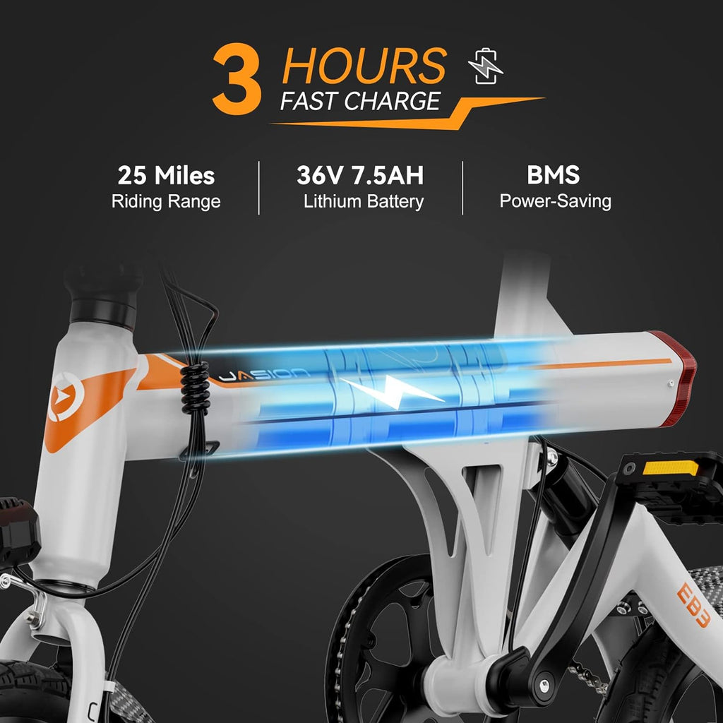 Jasion EB3 Electric Bike Adults 21mph, 500W Peak Motor, 270Wh Battery, Rear Suspension, 3 Levels Assist, 14" Folding Ebike for Adults and Teens, Complies to UL2849