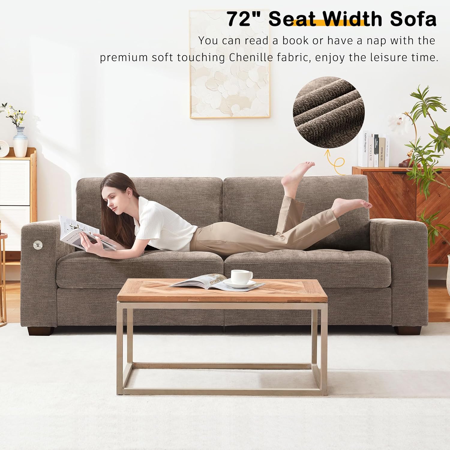 Hanherry 89" Sofa for Living Room, Modern Comfy Sofa with Medium Firm Seat Cushion, Removable Cover,Wide Armrest,USB/Type-C Port,Chenille Fabric Couches for Small Space,Apartment