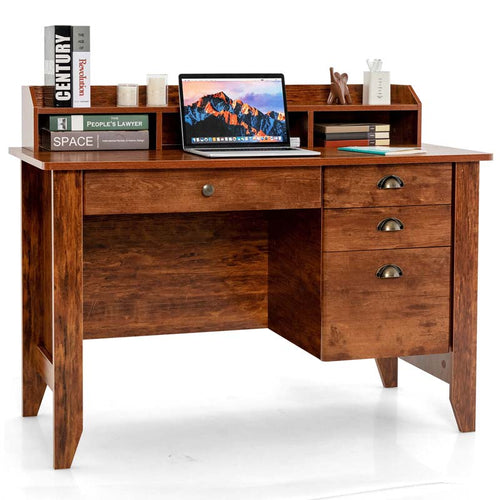 48" Vintage Home Office Desk, Executive Computer Desk Study Desk with 4 Storage Drawers & Hutch