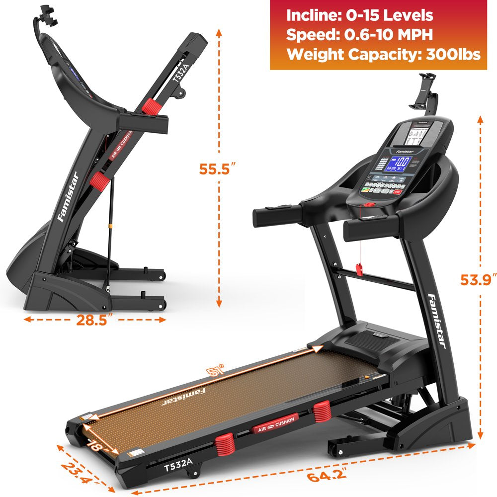 Famistar Folding Treadmill for Home with 15 Levels Auto Incline, 300LB Capcity, 10MPH Fast Speed Controls